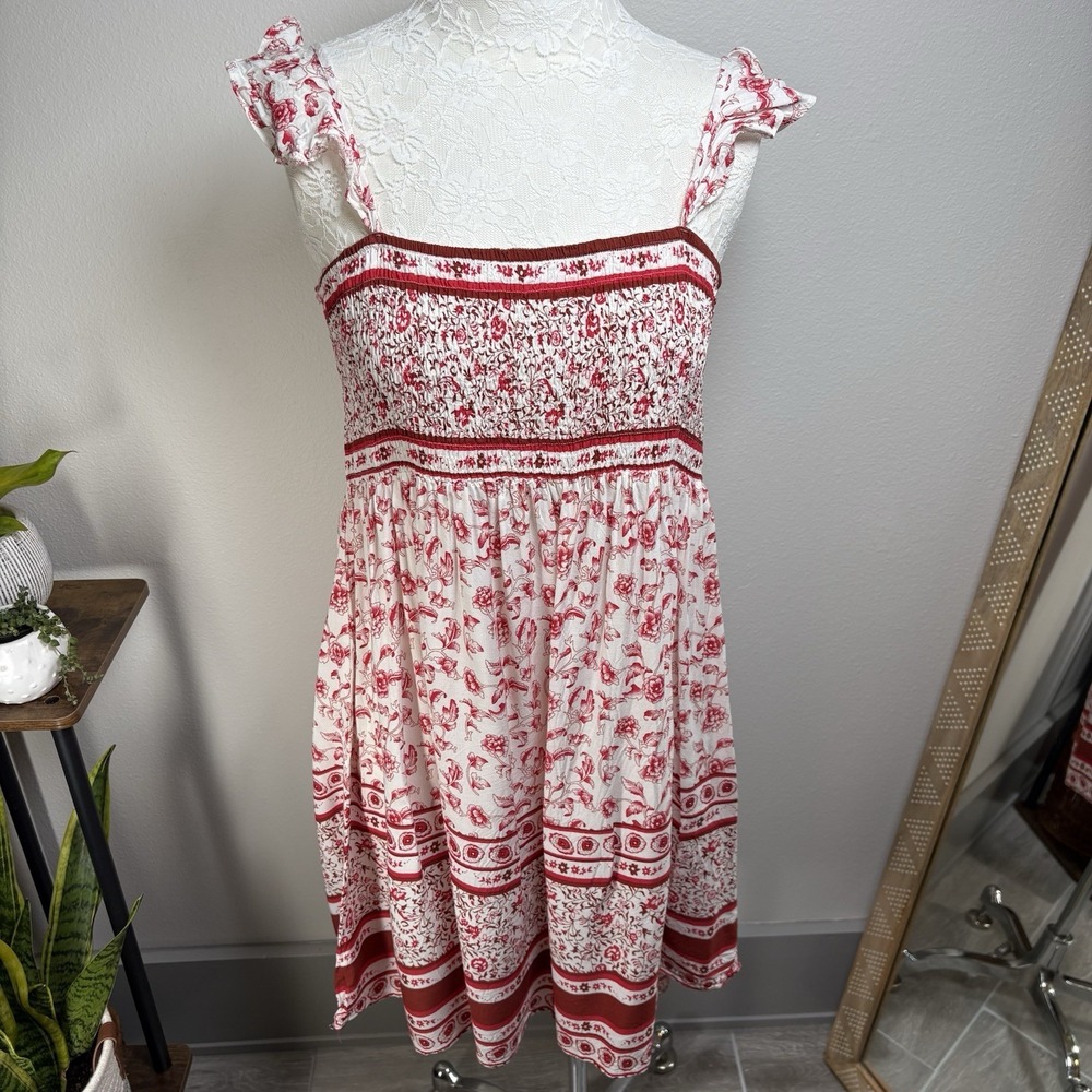 Umgee Women L Red Floral Dress Cottagecore Smocked Rayon